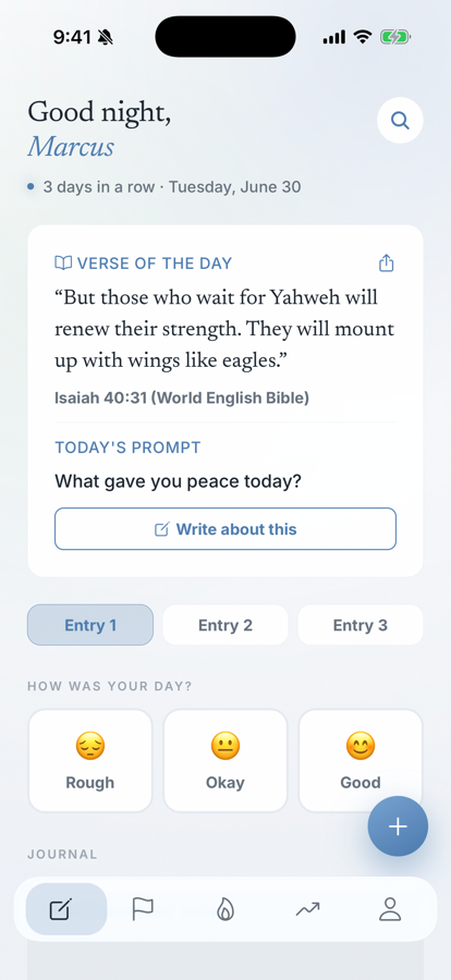 JRNL write screen — a verse of the day and mood picker